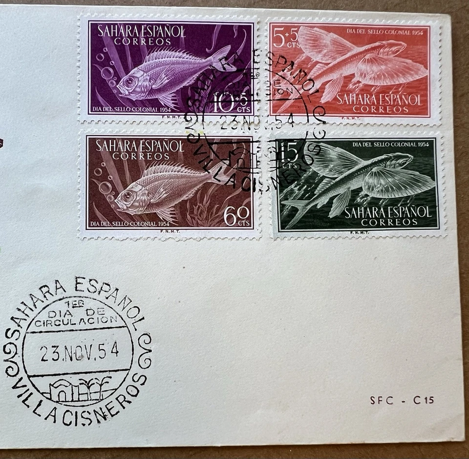 1954 Sahara Español Peces FDC • Villa Cisneros Cancelar • Emisión Día Colonial Foto 3 de 4