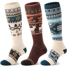 3 Pairs Merino Wool Knit Knee High Socks Size M Fair Isle Winter Sports Gift NEW