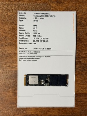 Samsung 980 PRO 2TB NVMe M.2 - 2800 Hours (805 Cycles) - No Heatsink
