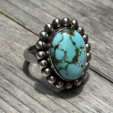 Artie Yellowhorse Signed Navajo 925 Turquoise Ring Kingman Web w/Bezel Setting