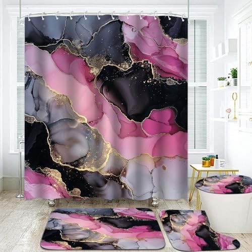 Pink and Black Shower Curtain Sets Bathroom Decor Colorful Marble Tuxture - Bild 2 von 7