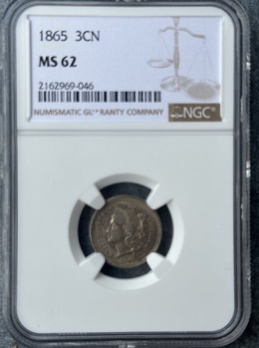 1865 Three Cent Nickel - 3CN NGC MS62 - Picture 1 of 4