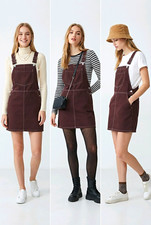 Vintage Style Burgundy Denim Pinafore Overall Dress M