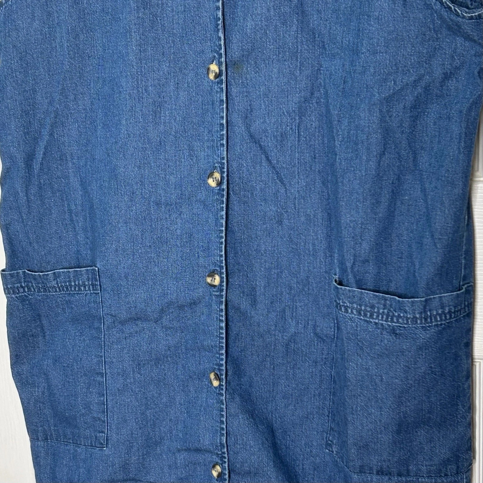 VETEMENTS Maxi abito vintage Eddie Bauer denim taglia XL senza maniche bottoni davanti scollo a V