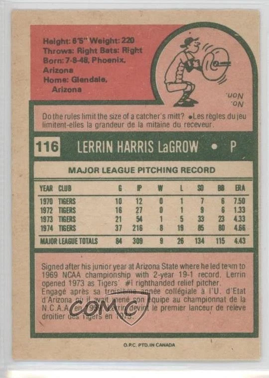 1975 O-Pee-Chee Lerrin LaGrow #116 - Image 2 of 2