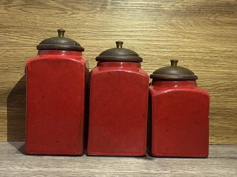 PIER 1 Import Rustic Brick Red 3 Ceramic Canister Jars Lids Set Coffee Tea Sugar - Image 2 of 4