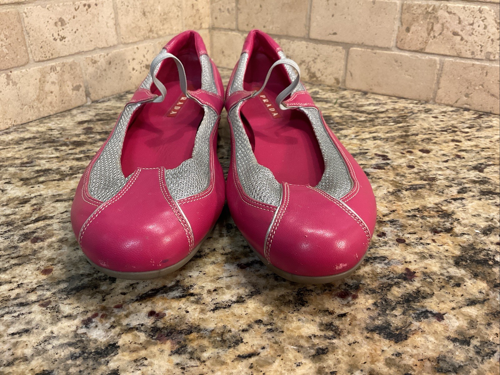 Prada Hot Pink And Metallic Silver Leather Ballet Flats Womens Size 39 Shoes thumbnail 7