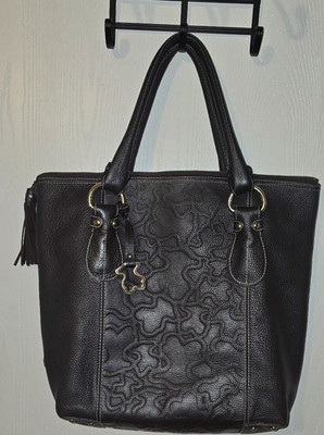 Tous Black Pebbled Tote Bag Zip Tassel Gold Hardware Inner Pockets Lined Bear
