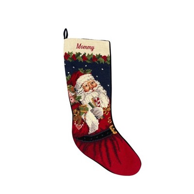Vintage Lands' End Needlepoint Wool Santa Christmas Stocking ''Mommy'' Mono