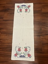 Vintage Hand Embroidered Table Runner Floral 35x12 Linen Cottage Decor
