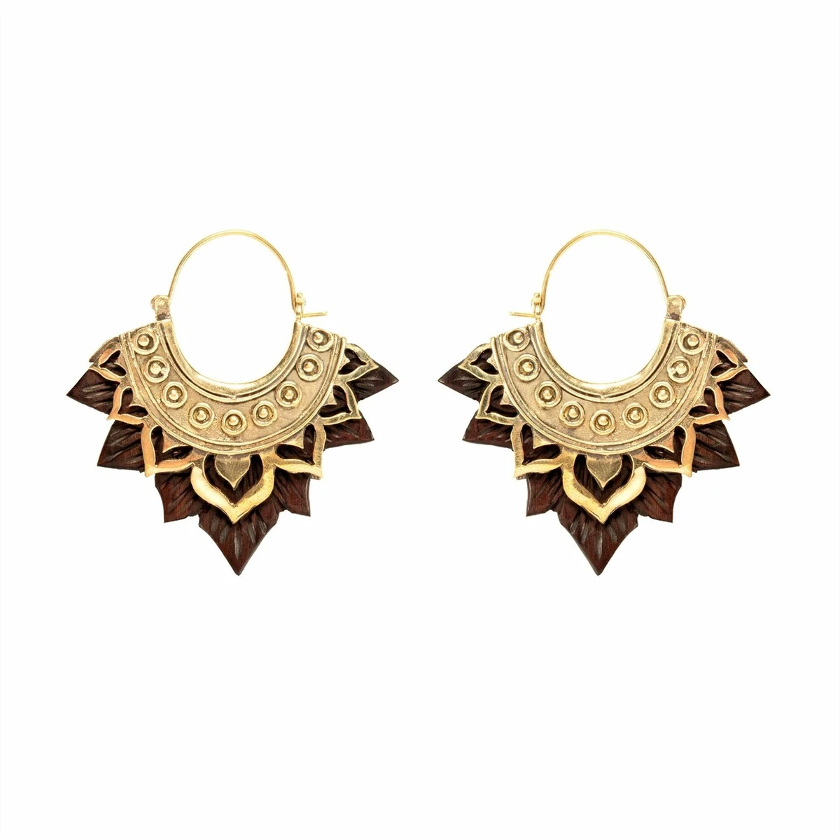 Dangle Earrings Wood Gold Brass Carved Tribal Lotus Hoop Flower 81stgeneration