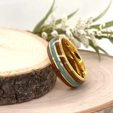 8mm Gold Tungsten Christmas Gift Women Band Blue Turquoise & Koa Wood Inlay Ring