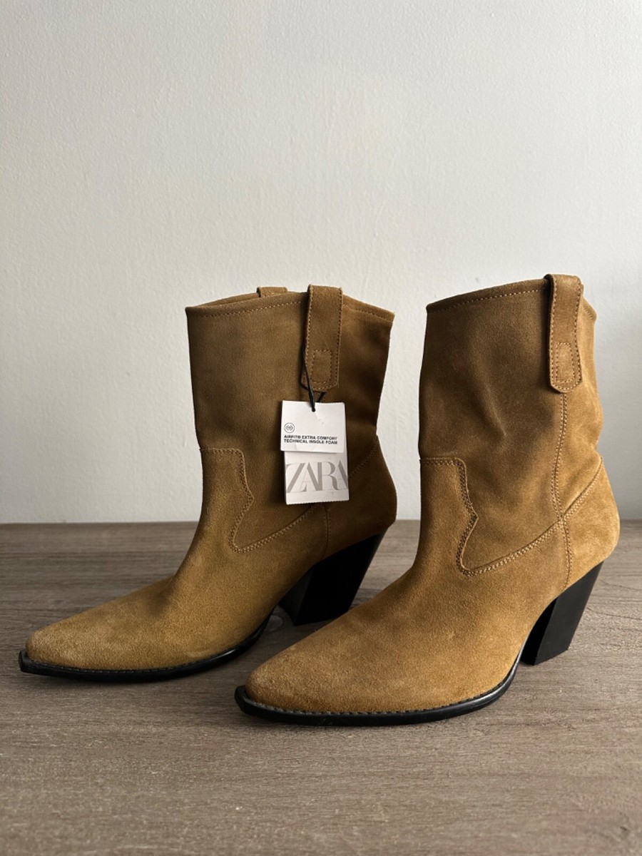 Zara Pointed Toe Suede Boots Heeled Ankle Beige Brown Size  display picture 1
