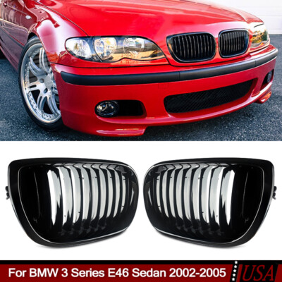 Front Kidney Grille Grill For BMW E46 320i 325i 328i Sedan 2002-2005 Gloss Black