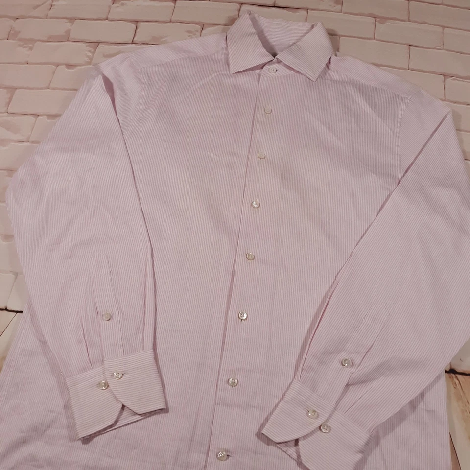 Stenstroms Dress Shirt Cotton Linen Blend Mens Large White With Pink Stripes - Image 2 of 4