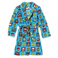 Super Mario Boy's Gamer Character Block Print Fleece Blue Bathrobe, Robe