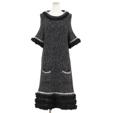 CHANEL Dress Size 48 Women P39939 Fur-trimmed short-sleeved Black White