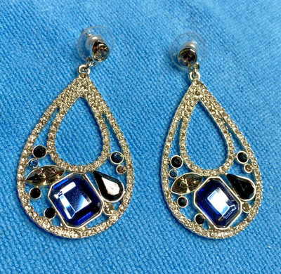 Roberta Chiarella Signed Silver-Tone Post Earrings Dangle-Drop Blue & White VTG