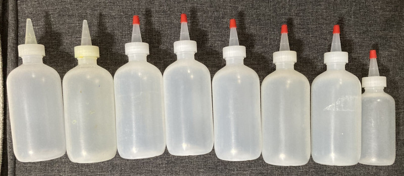 8 Plastic Boston Round Squeeze Bottles + Yorker Caps  4 & 8 oz new and used