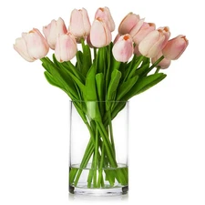 ENOVA FLORAL 20 Pieces Pink Tulips Artificial Flowers Real Touch in Vase, Fak...