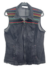 VTG Susan Bristol Black Denim Vest Western Boho Knit Trim Women s L
