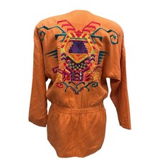 Ellen Tracy Women Size 2 Linen Jacket Orange Embroidered Aztec Tribal Native