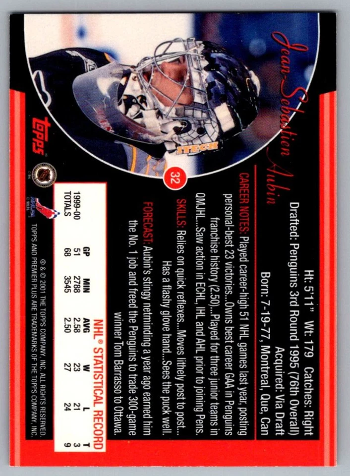 2000-01 Topps Premier Plus Jean-Sebastien Aubin Pittsburgh Penguins #32 - Image 2 of 2