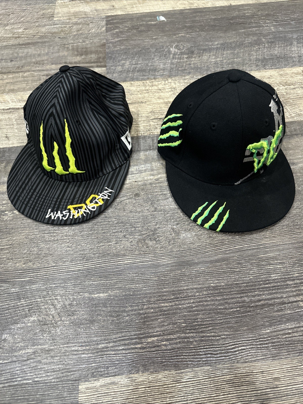 Washington DC Monster Energy Black Green Yellow S/M Fitted Hat Cap Flat Brim X2