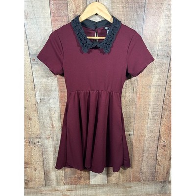 Hot Topic Burgundy Dress Lace Collar Goth Dark Academia Small Fit and Flare