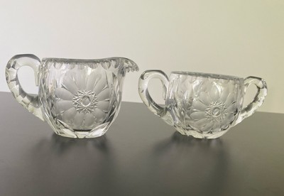 Vintage Set of Cream and Sugar Cut Glass With Floral Etching Mint Condition
