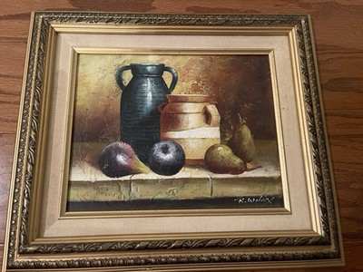 Signed R. Wilcox Oil Painting on Board Still Life Art ~8x10   ~15x13  Framed