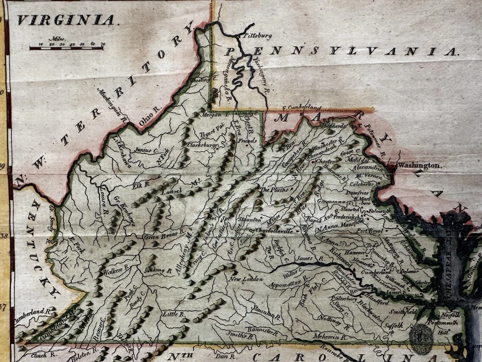 Virginia State 1796 Thomas & Andrews raro mapa a color grabado a mano Foto 3 de 4