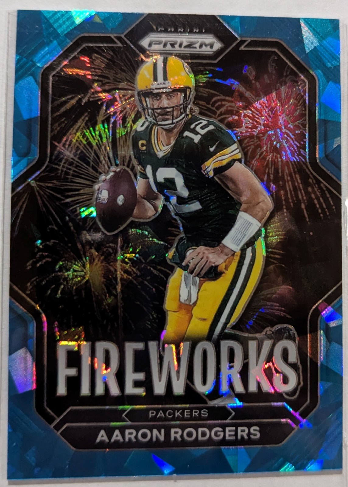 Aaron Rodgers 2022 Panini Prizm Fireworks #F-1 Blue Ice Prizm /99 Packers