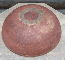 HUGE Antique RED Turned Wood 17 inch Rimmed Collar Primitive Wooden Dough Bowl