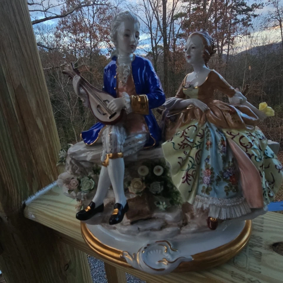 Vintage Large Porcelain Victorian Couple Playing Mandolin late 19th Century - Image 3 of 4