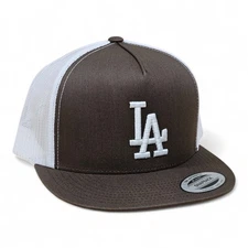 3D LA WHITE Embroidered BROWN & WHITE Flat Bill Snapback Yupoong Trucker Hat NEW