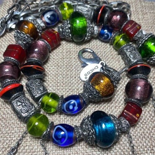 Chico's Art Glass Belt Lamp Work Boho Multicolor Glass Beads Chain Charms