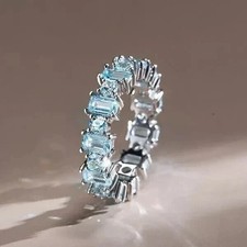 Lab-Created Aquamarine 2.50Ct Emerald Cut Full Eternity Ring White Gold Plated