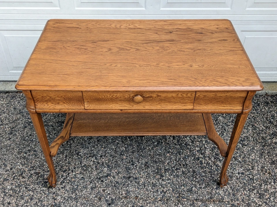 Antique Solid Oak Writing Desk or Library Table, with Drawer, Claw Feet, Casters - Image 4 of 4