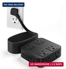 10FT Flat Extension Cord Surge Protector with Multiple Outlets, Black