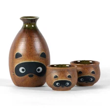 Set of 3 PCS. Japanese Porcelain Sake Bottle & Cups Tanuki Raccoon Made in Japan