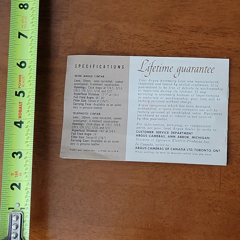 ACCESSORY LENSES FOR ARGUS C 33 VINTAGE OLD MANUAL - Image 4 of 4
