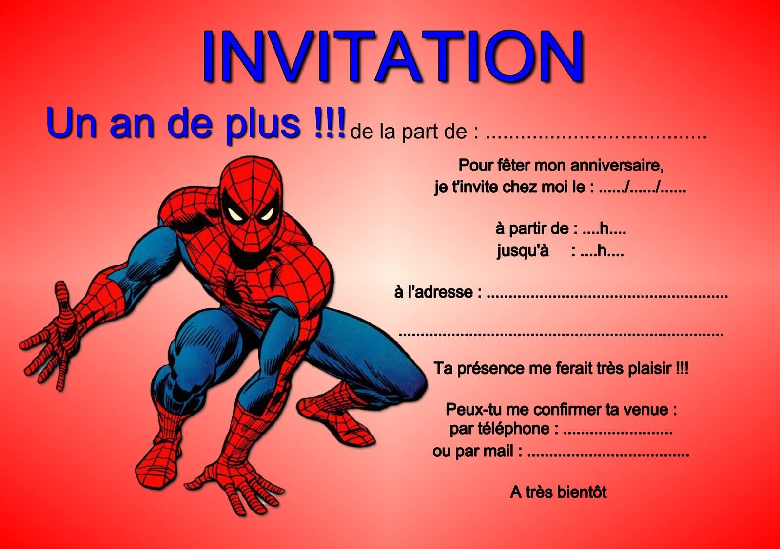 5 ou 12 cartes invitation anniversaire SPIDERMAN réf 283