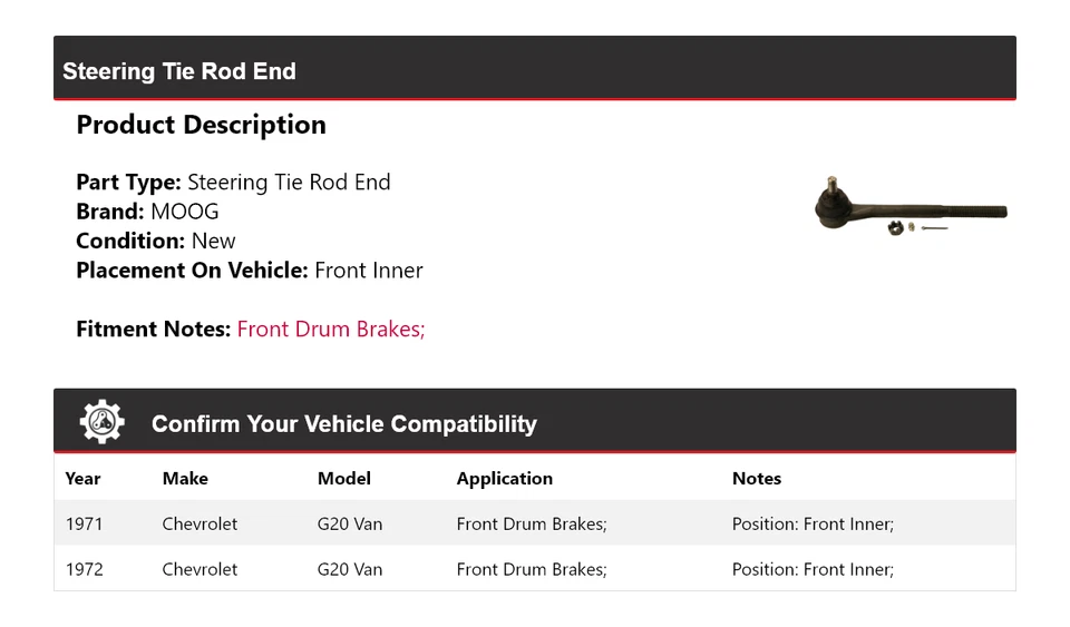 Para Chevrolet G20 1971-1972 furgoneta barra de dirección extremo interior delantero MOOG Foto 2 de 4