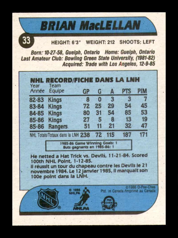 1986-87 O-Pee-Chee Hockey Brian MacLellan #33 Minnesota North Stars NM Near Mint - Image 2 of 2