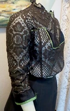 Antique Victorian 1900s Black Bobbin Lace & Silk Bodice Top Green Trim 34B
