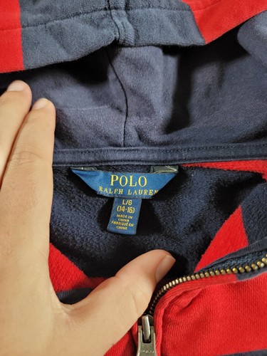 Polo Ralph Lauren Jacket Boys Large Red Knit Hoodie Pony Preppy Classic Striped - Picture 8 of 12