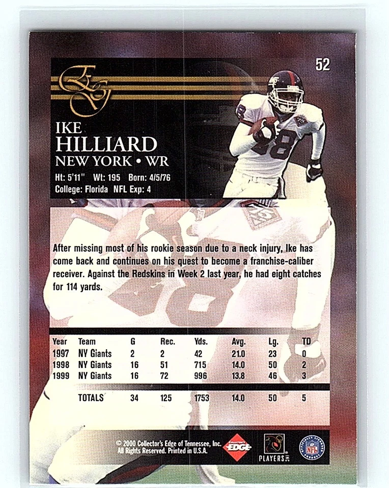 2000 Collector's Edge EG Ike Hilliard New York Giants #52 - Image 2 of 2