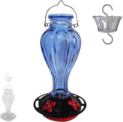 Hummingbird Feeder for Outdoors Hanging - Blue Glass Nectar Feeding Bottle Inclu