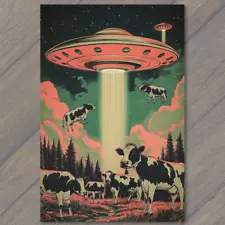POSTCARD UFO Cow Abduction Retro Sci-Fi Alien Spaceship Beam Invasion Classic